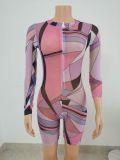 Zipper high neck abstract print summer short-sleeved graffiti print jumpsuit FFD1109
