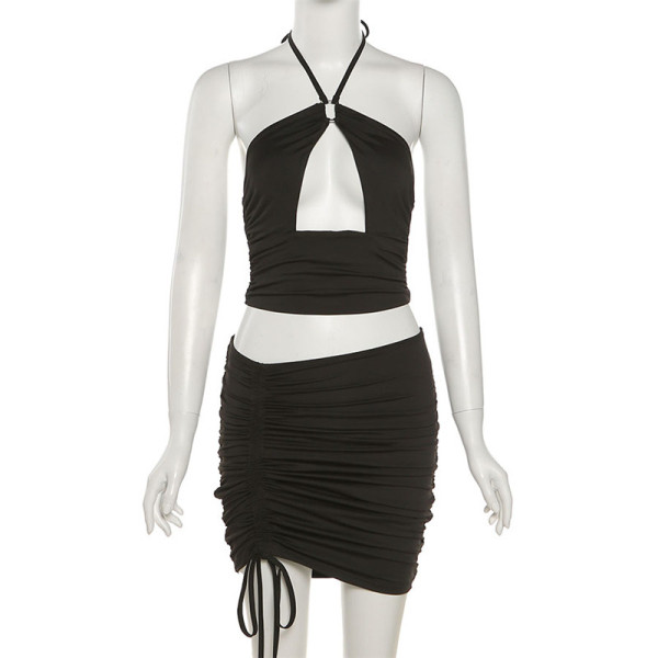 Sexy hollow halter vest fashion hip short skirt suit K21S02747