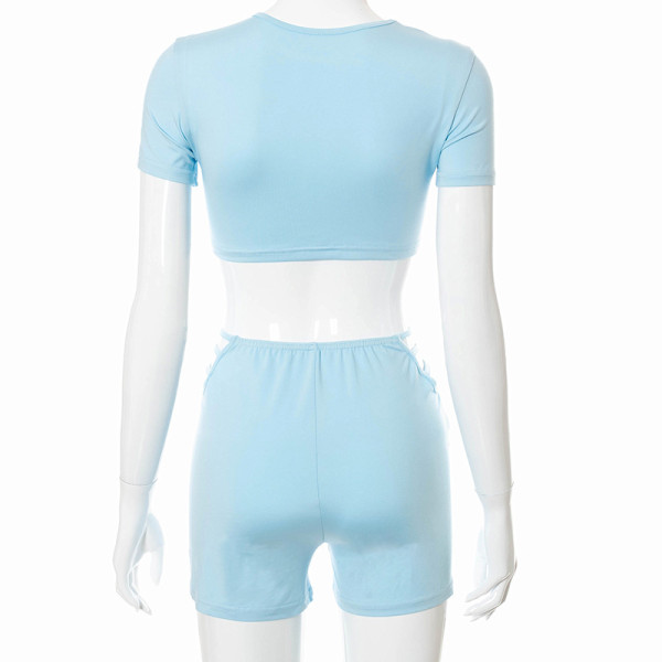 Pure color round neck short-sleeved waist T-shirt slim shorts set X21ST186