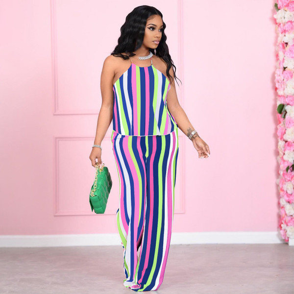 Fashion classic halter stripe casual home two-piece suit YM193