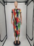 Fashion tie-dye women's sexy round neck print dress YM184