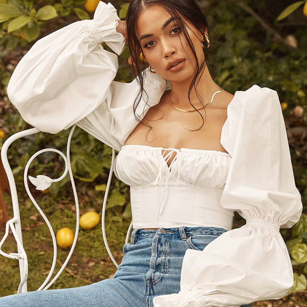 Fashion Lantern Sleeve Sexy Square Collar Low Cut Short Navel Crop T-shirt K21L02934