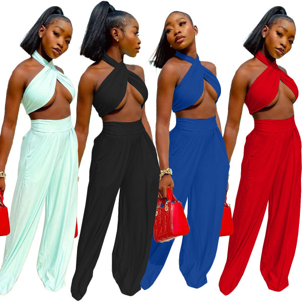 Women's wide leg pants two-piece sexy nightclub style suit Q7177