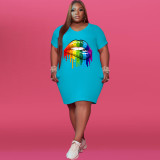 Round neck 5X lip print plus size fashion dress Q7162