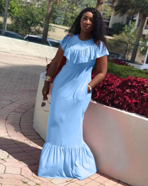 Pure color ruffled fashion slim fishtail hem dress Q7179