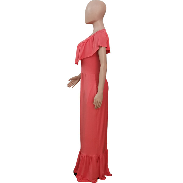 Pure color ruffled fashion slim fishtail hem dress Q7179