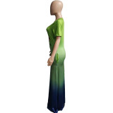 Gradient color long skirt digital print dress Q7176