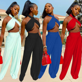 Women's wide leg pants two-piece sexy nightclub style suit Q7177