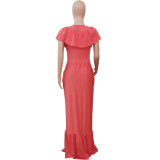 Pure color ruffled fashion slim fishtail hem dress Q7179