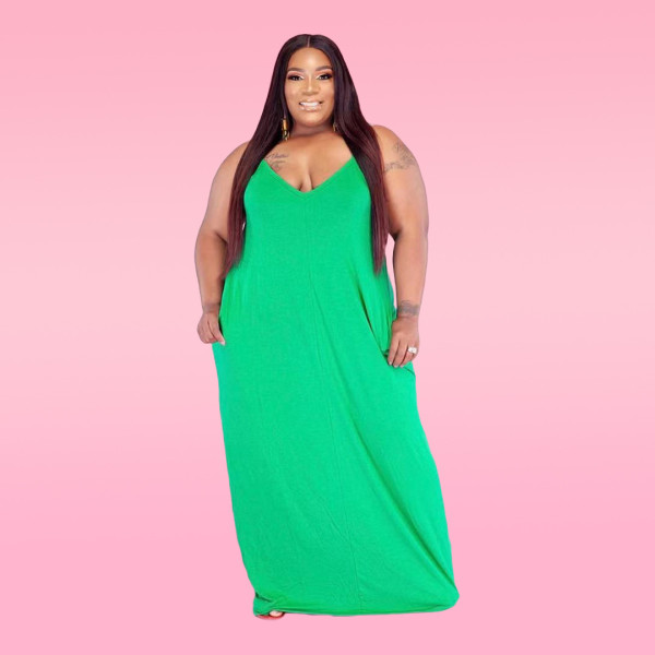 Solid color sling plus size 5X fashion loose mopping skirt dress Q77208