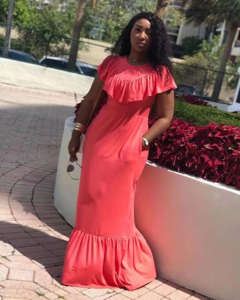 Pure color ruffled fashion slim fishtail hem dress Q7179
