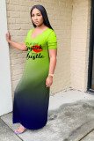 Gradient color long skirt digital print dress Q7176