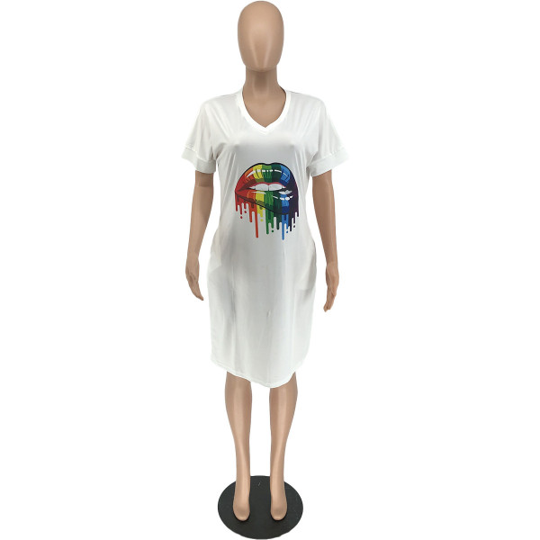 Round neck 5X lip print plus size fashion dress Q7162