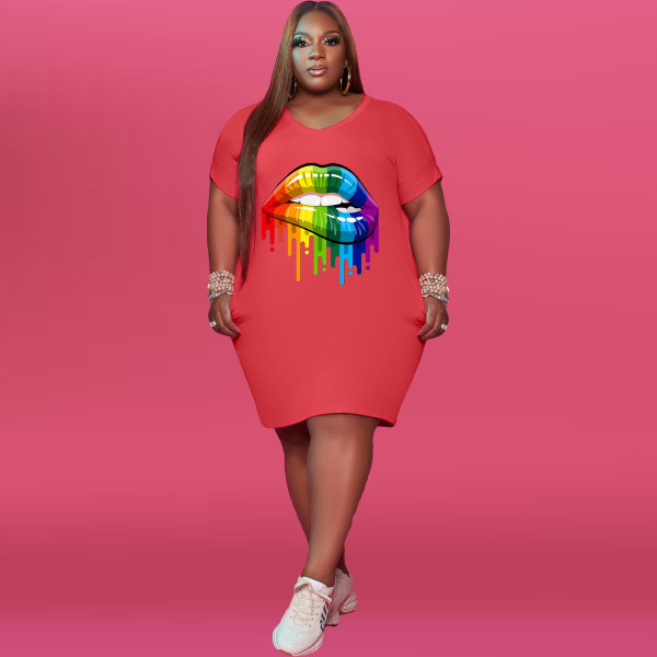 Round neck 5X lip print plus size fashion dress Q7162