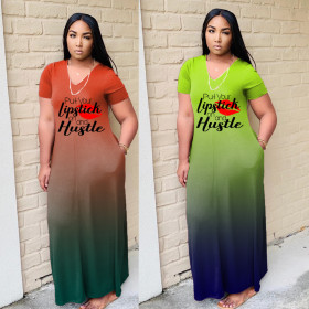 Gradient color long skirt digital print dress Q7176
