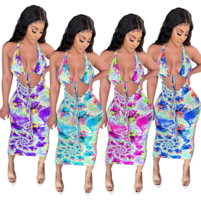 Hang strip digital printing sling dress AJ4335