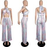 Wrapped chest tie-dye print loose wide-leg pants suit L217