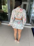 Chiffon print flared sleeve top skirt suit L224