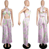 Wrapped chest tie-dye print loose wide-leg pants suit L217