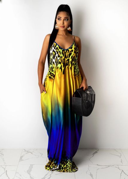 Leopard Gradient Positioning Printing Loose Sling Long Dress L222