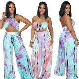 Wrapped chest tie-dye print loose wide-leg pants suit L217