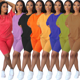 Cotton solid color casual loose large size T-shirt and two-piece shorts L225
