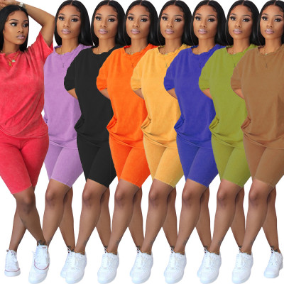 Cotton solid color casual loose large size T-shirt and two-piece shorts L225