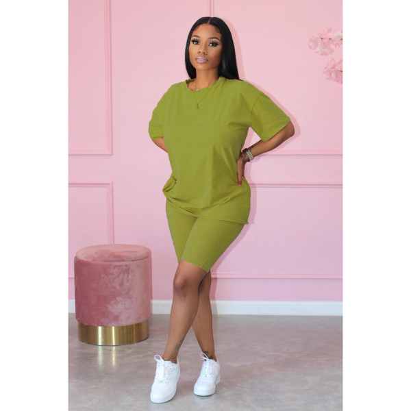 Cotton solid color casual loose large size T-shirt and two-piece shorts L225