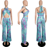 Wrapped chest tie-dye print loose wide-leg pants suit L217