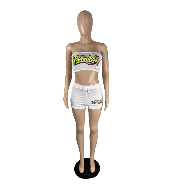 Two-piece set of solid color printed wrap-up top and shorts TC070