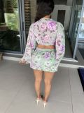 Chiffon print flared sleeve top skirt suit L224