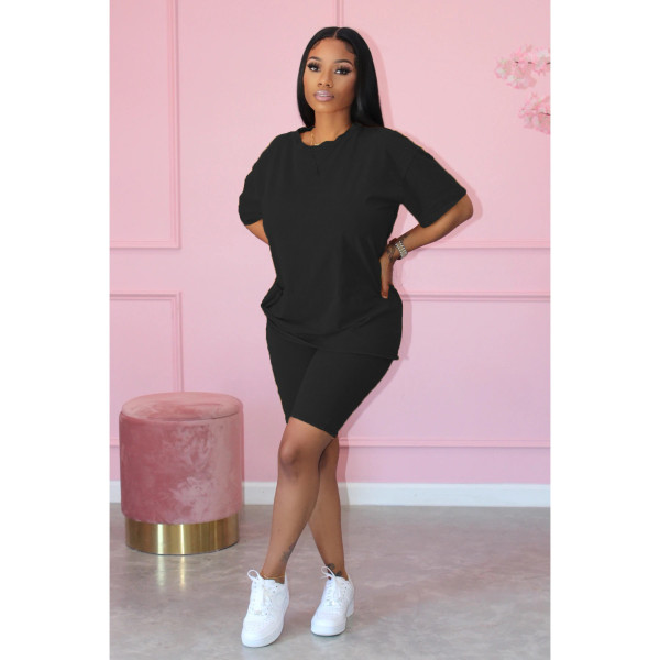Cotton solid color casual loose large size T-shirt and two-piece shorts L225