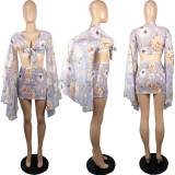 Chiffon print flared sleeve top skirt suit L224