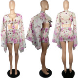 Chiffon print flared sleeve top skirt suit L224
