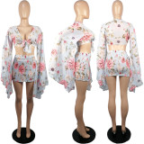 Chiffon print flared sleeve top skirt suit L224