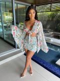 Chiffon print flared sleeve top skirt suit L224