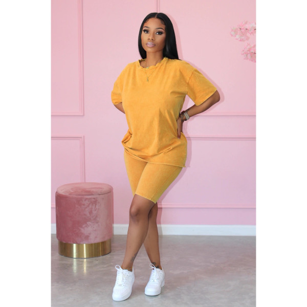 Cotton solid color casual loose large size T-shirt and two-piece shorts L225