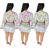 Chiffon print flared sleeve top skirt suit L224