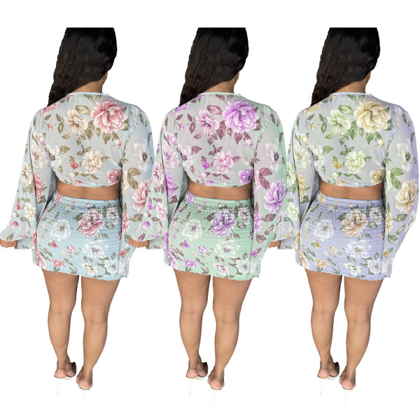 Chiffon print flared sleeve top skirt suit L224