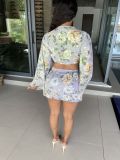 Chiffon print flared sleeve top skirt suit L224