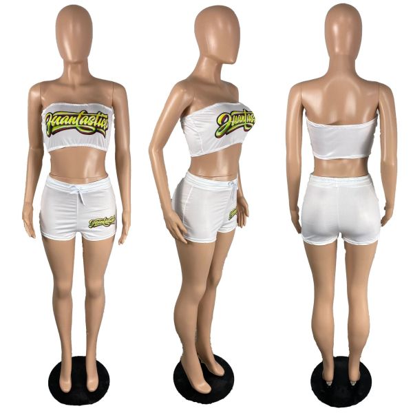 Two-piece set of solid color printed wrap-up top and shorts TC070