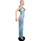 Wrapped chest tie-dye print loose wide-leg pants suit L217