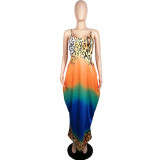 Leopard Gradient Positioning Printing Loose Sling Long Dress L222