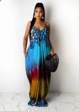 Leopard Gradient Positioning Printing Loose Sling Long Dress L222