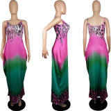 Leopard Gradient Positioning Printing Loose Sling Long Dress L222