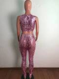 Fashion European and American bronzing burnt flowers hollow stretch two-piece suit XM6125