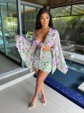Chiffon print flared sleeve top skirt suit L224