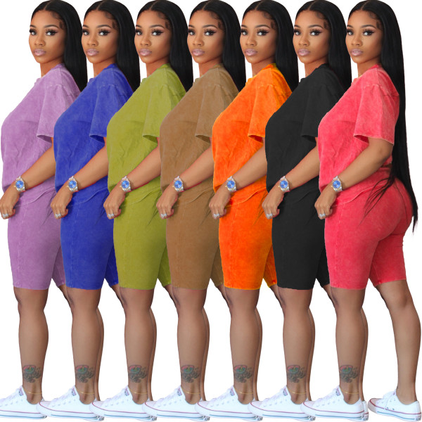 Cotton solid color casual loose large size T-shirt and two-piece shorts L225