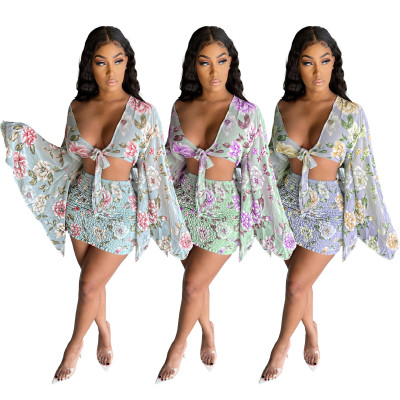 Chiffon print flared sleeve top skirt suit L224