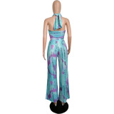 Wrapped chest tie-dye print loose wide-leg pants suit L217